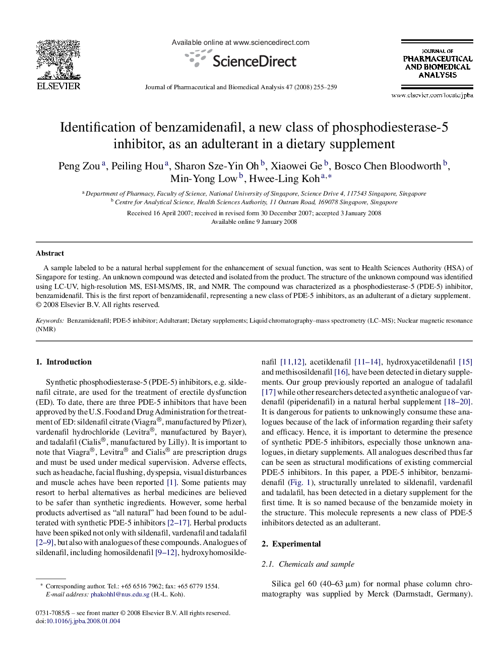 Identification of benzamidenafil, a new class of phosphodiesterase-5 inhibitor, as an adulterant in a dietary supplement