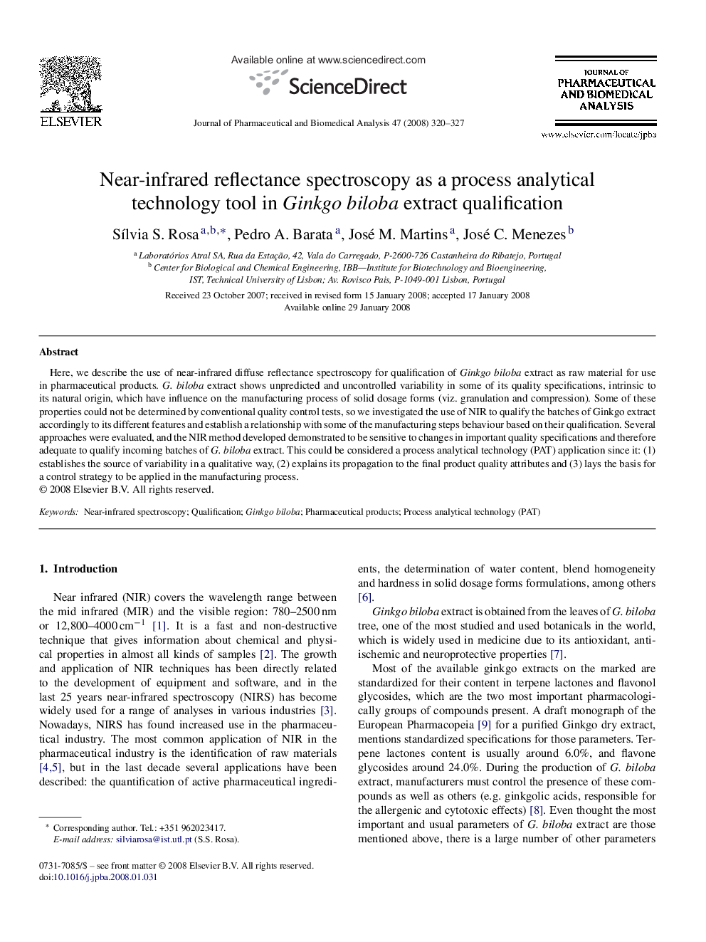 Near-infrared reflectance spectroscopy as a process analytical technology tool in Ginkgo biloba extract qualification