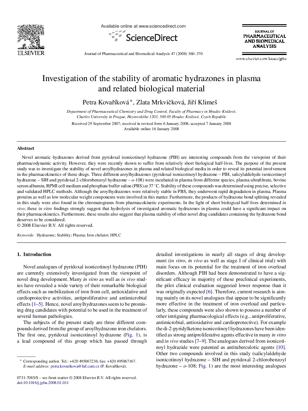 Investigation of the stability of aromatic hydrazones in plasma and related biological material