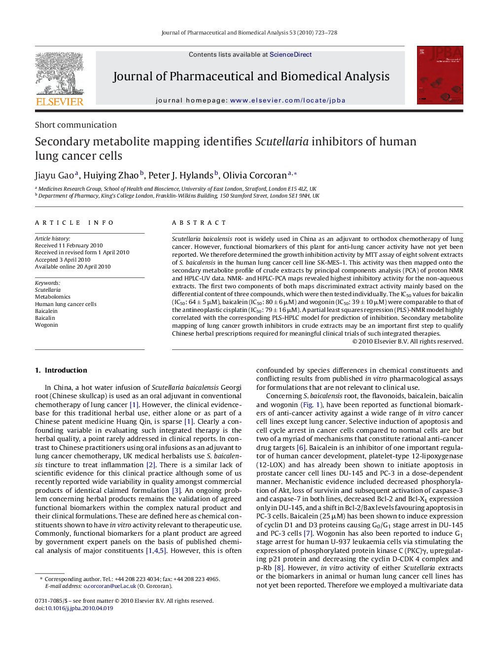 Secondary metabolite mapping identifies Scutellaria inhibitors of human lung cancer cells