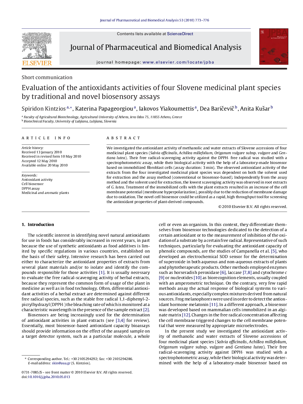 Evaluation of the antioxidants activities of four Slovene medicinal plant species by traditional and novel biosensory assays