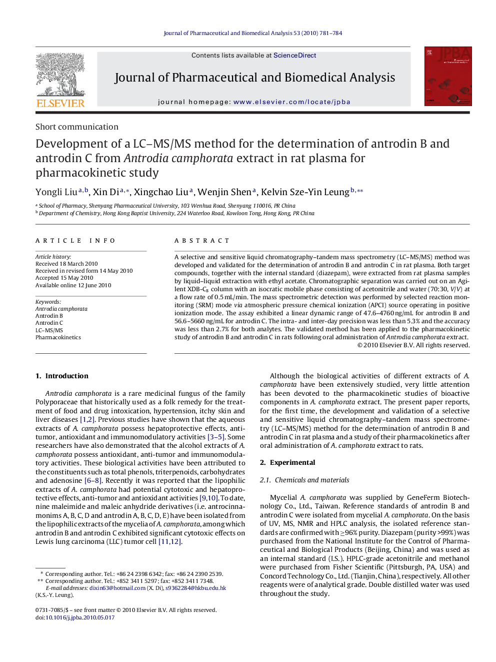 Development of a LC–MS/MS method for the determination of antrodin B and antrodin C from Antrodia camphorata extract in rat plasma for pharmacokinetic study