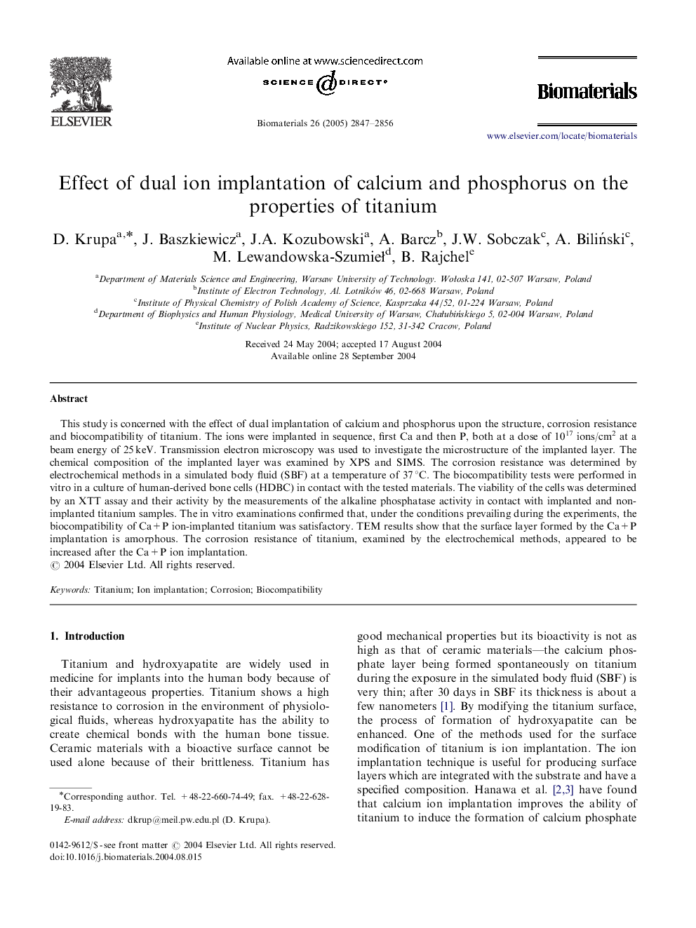 Effect of dual ion implantation of calcium and phosphorus on the properties of titanium