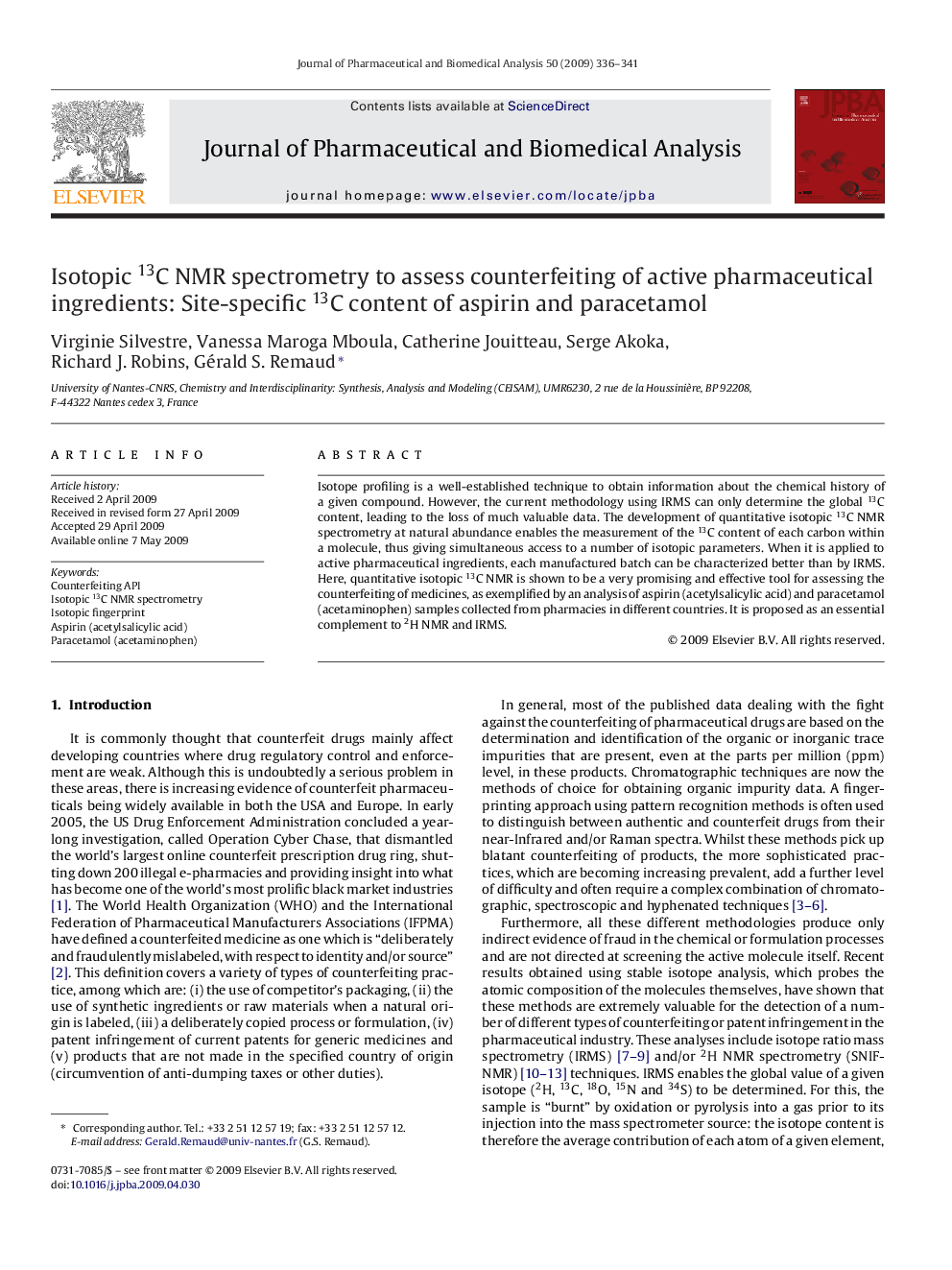Isotopic 13C NMR spectrometry to assess counterfeiting of active pharmaceutical ingredients: Site-specific 13C content of aspirin and paracetamol