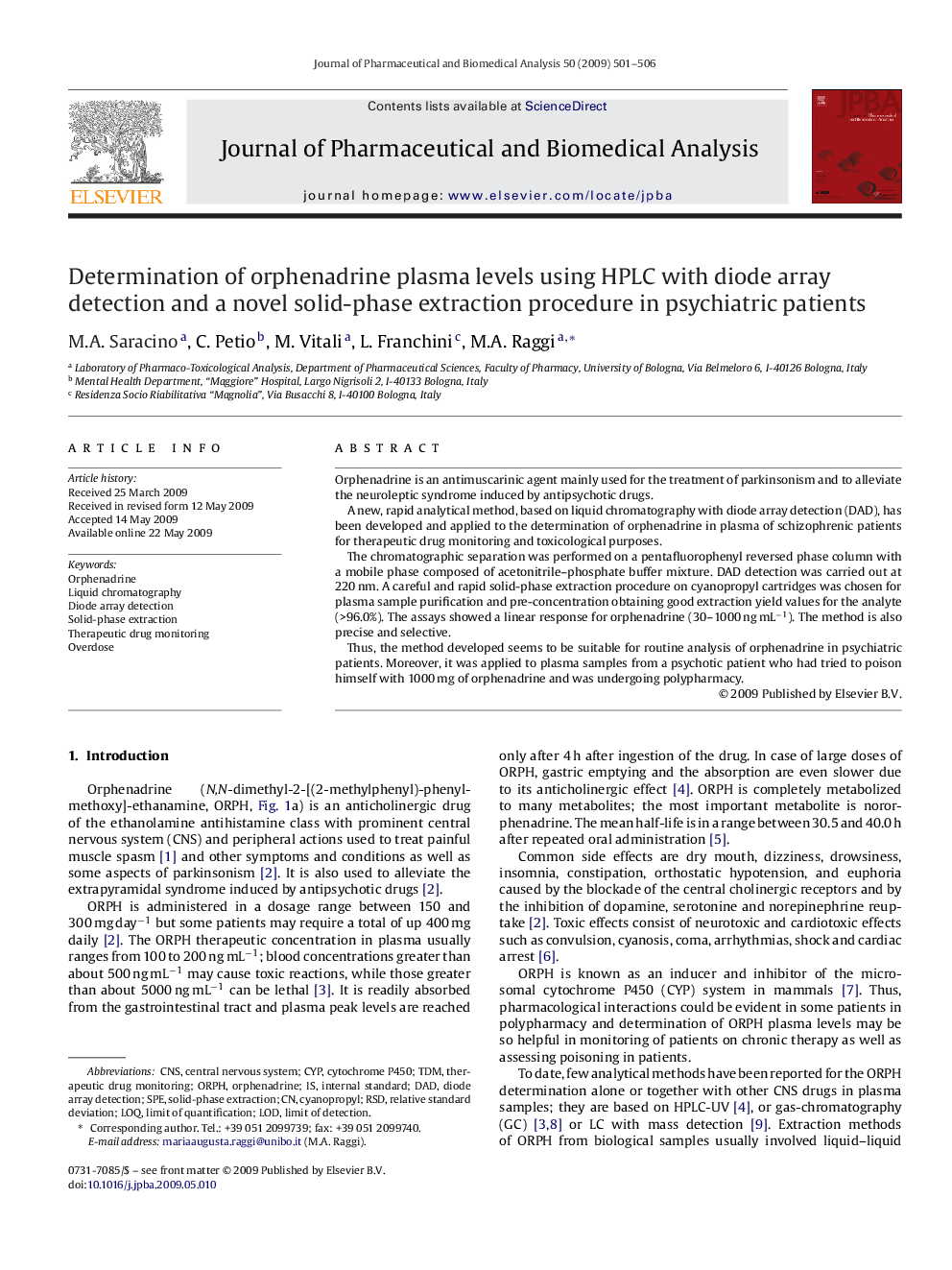 Determination of orphenadrine plasma levels using HPLC with diode array detection and a novel solid-phase extraction procedure in psychiatric patients