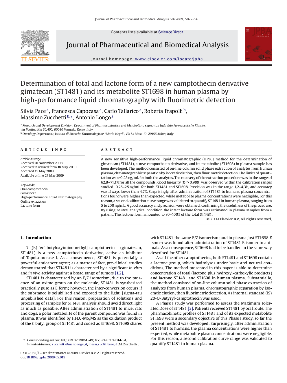 Determination of total and lactone form of a new camptothecin derivative gimatecan (ST1481) and its metabolite ST1698 in human plasma by high-performance liquid chromatography with fluorimetric detection