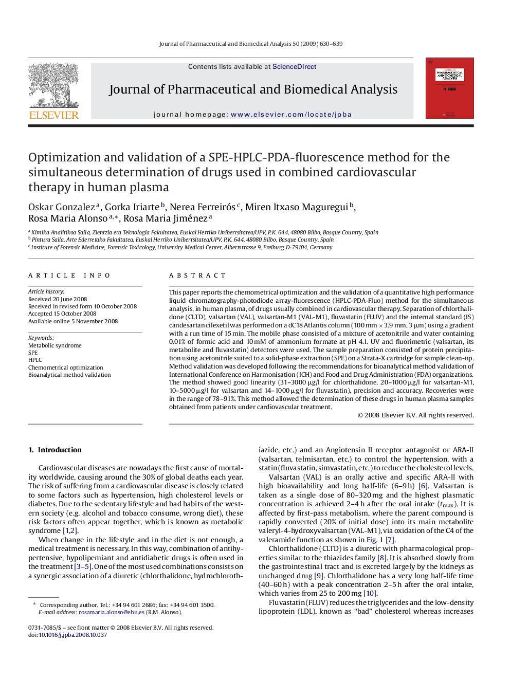 Optimization and validation of a SPE-HPLC-PDA-fluorescence method for the simultaneous determination of drugs used in combined cardiovascular therapy in human plasma