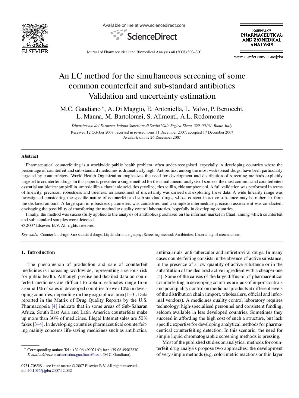 An LC method for the simultaneous screening of some common counterfeit and sub-standard antibiotics: Validation and uncertainty estimation