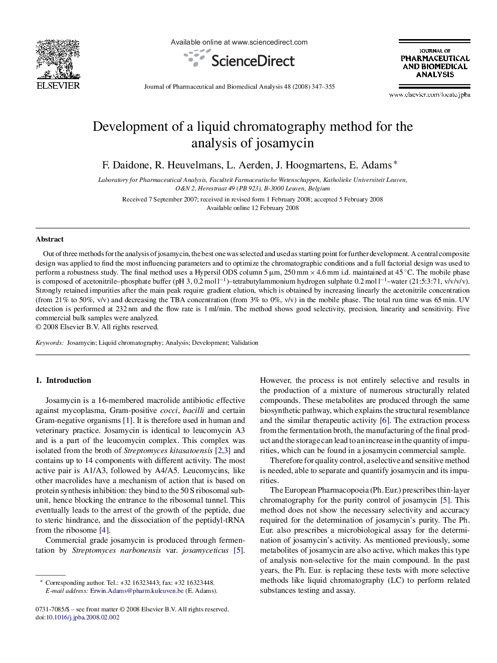 Development of a liquid chromatography method for the analysis of josamycin