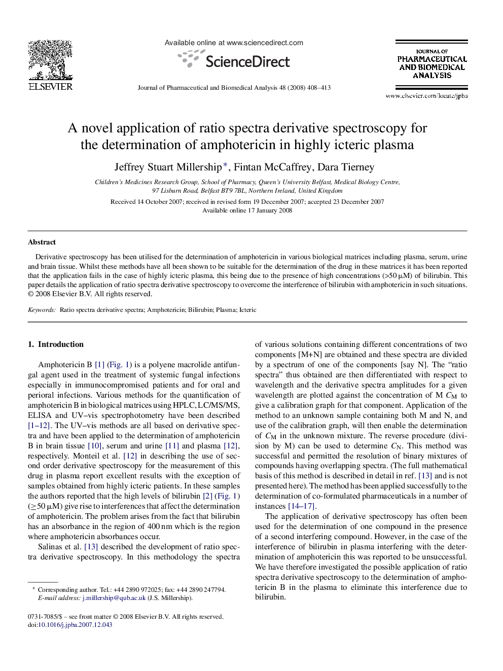 A novel application of ratio spectra derivative spectroscopy for the determination of amphotericin in highly icteric plasma