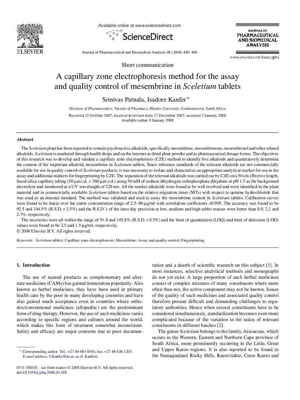 A capillary zone electrophoresis method for the assay and quality control of mesembrine in Sceletium tablets