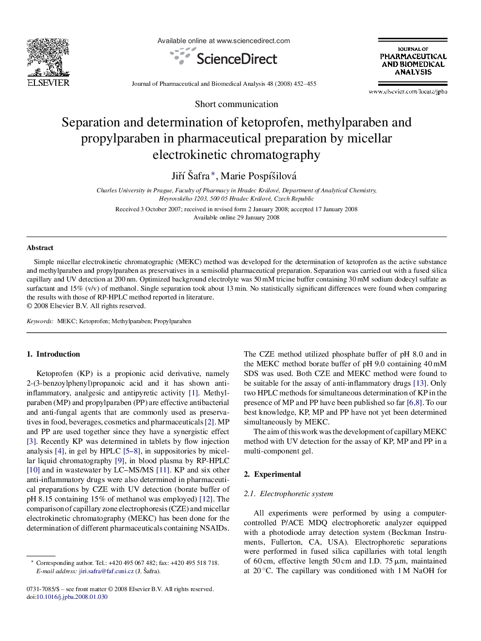 Separation and determination of ketoprofen, methylparaben and propylparaben in pharmaceutical preparation by micellar electrokinetic chromatography