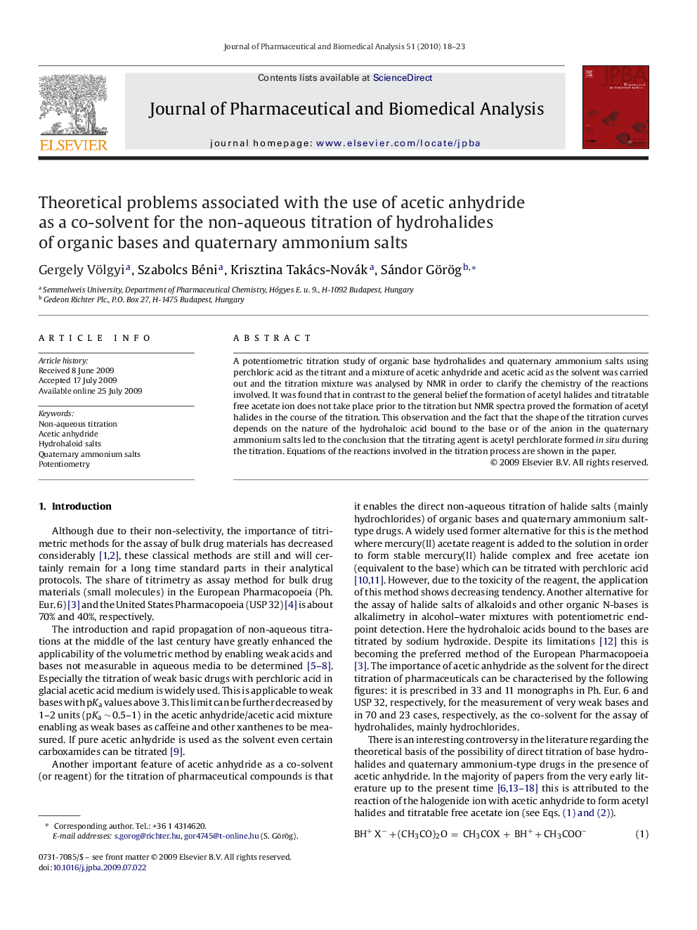 Theoretical problems associated with the use of acetic anhydride as a co-solvent for the non-aqueous titration of hydrohalides of organic bases and quaternary ammonium salts