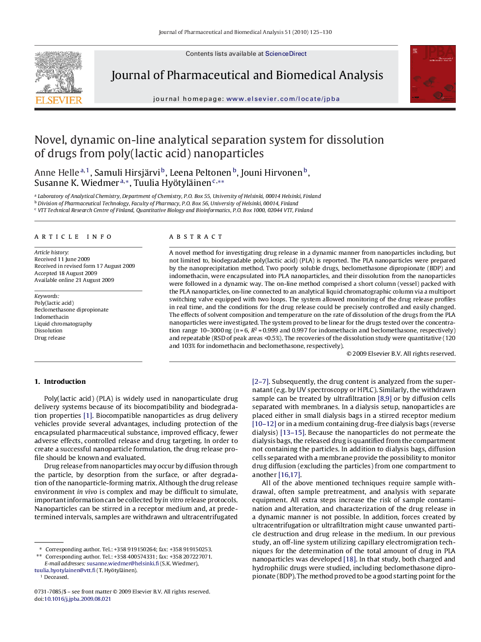 Novel, dynamic on-line analytical separation system for dissolution of drugs from poly(lactic acid) nanoparticles