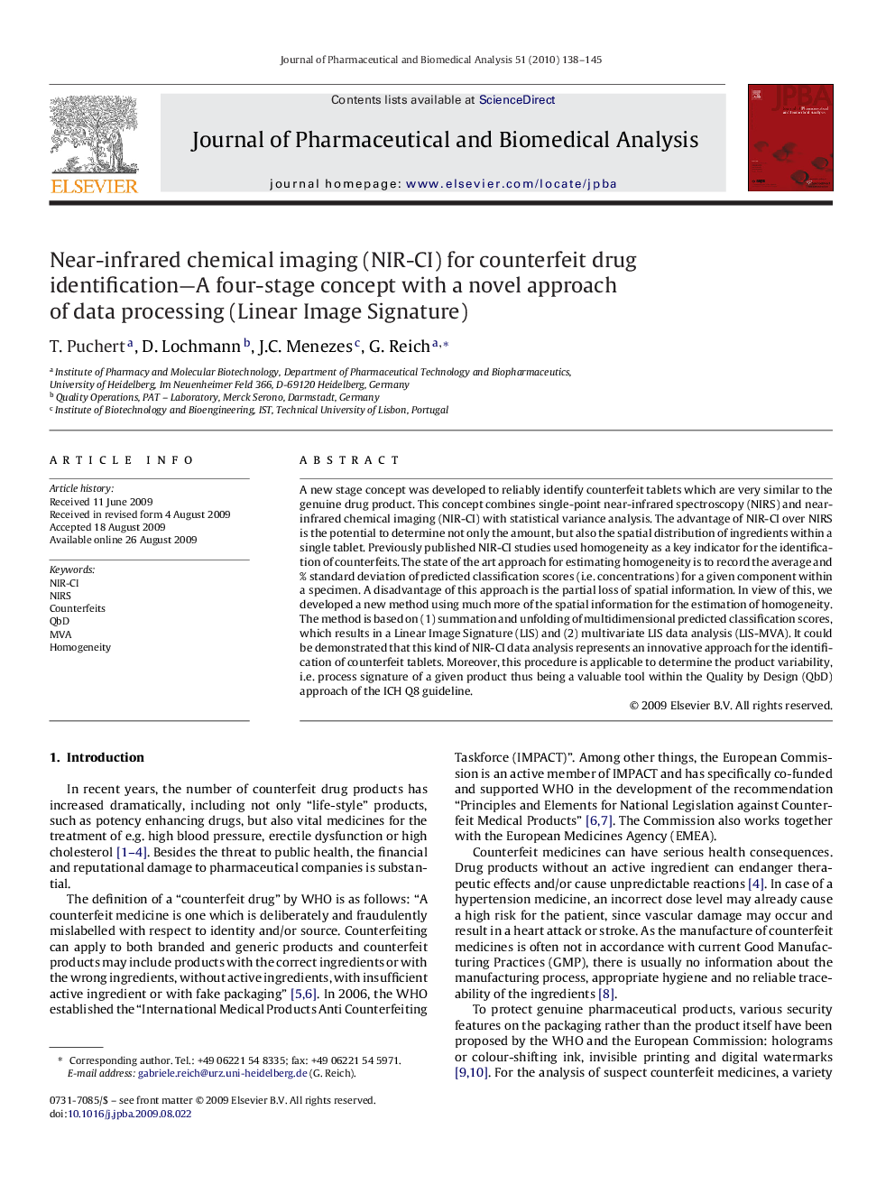 Near-infrared chemical imaging (NIR-CI) for counterfeit drug identification—A four-stage concept with a novel approach of data processing (Linear Image Signature)