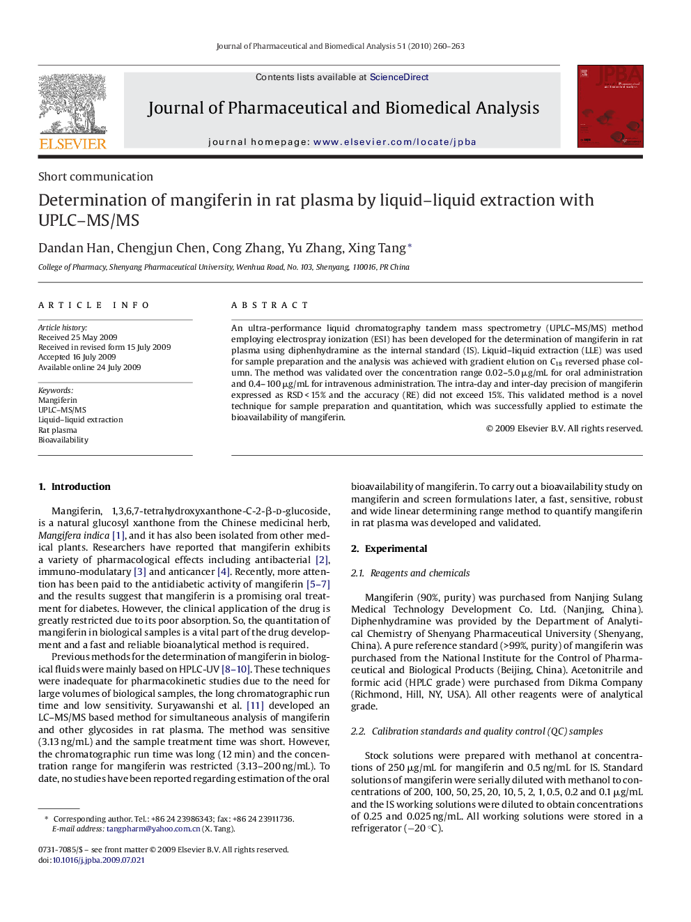 Determination of mangiferin in rat plasma by liquid–liquid extraction with UPLC–MS/MS