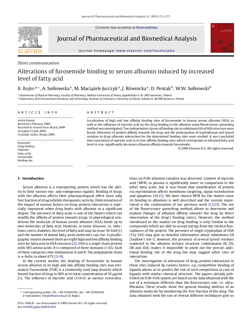 Alterations of furosemide binding to serum albumin induced by increased level of fatty acid