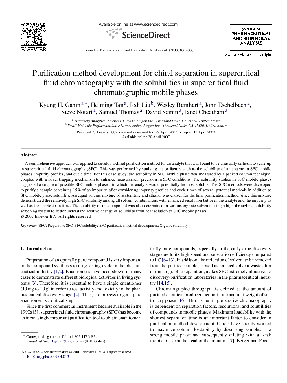 Purification method development for chiral separation in supercritical fluid chromatography with the solubilities in supercritical fluid chromatographic mobile phases