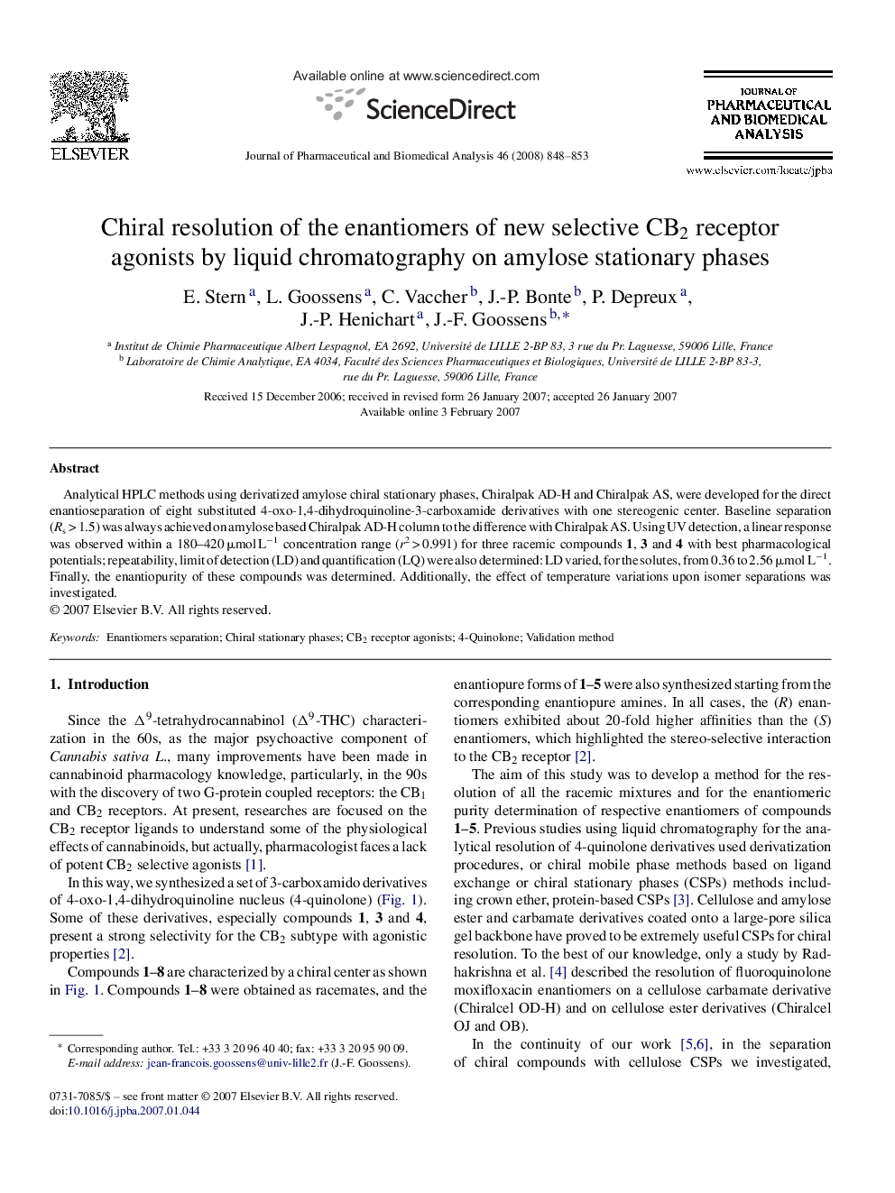 Chiral resolution of the enantiomers of new selective CB2 receptor agonists by liquid chromatography on amylose stationary phases