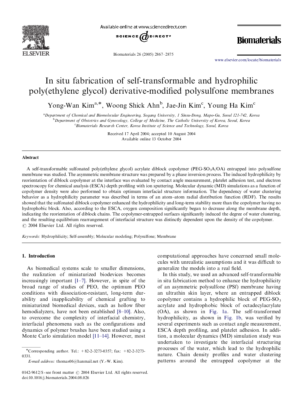 In situ fabrication of self-transformable and hydrophilic poly(ethylene glycol) derivative-modified polysulfone membranes