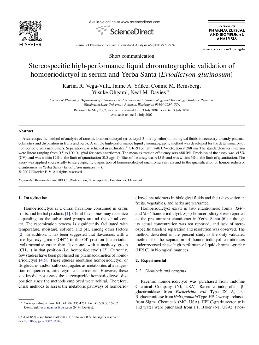 Stereospecific high-performance liquid chromatographic validation of homoeriodictyol in serum and Yerba Santa (Eriodictyon glutinosum)