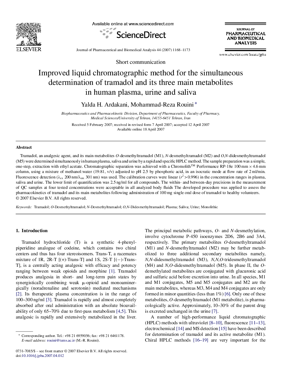 Improved liquid chromatographic method for the simultaneous determination of tramadol and its three main metabolites in human plasma, urine and saliva