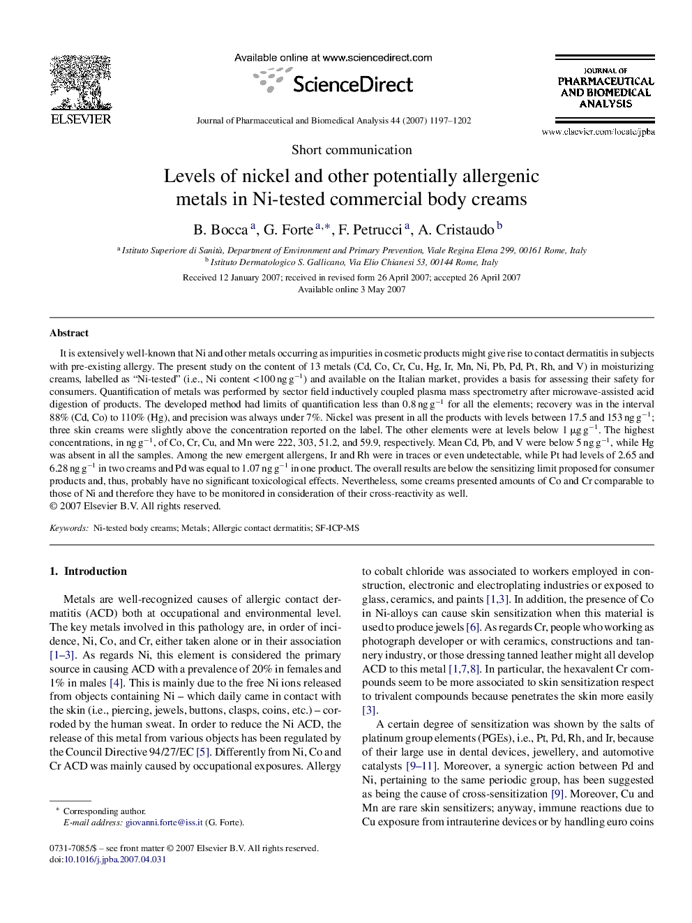 Levels of nickel and other potentially allergenic metals in Ni-tested commercial body creams