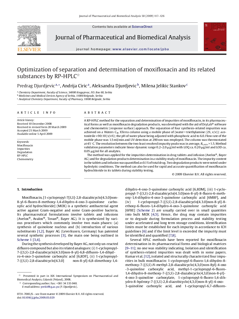 Optimization of separation and determination of moxifloxacin and its related substances by RP-HPLC 