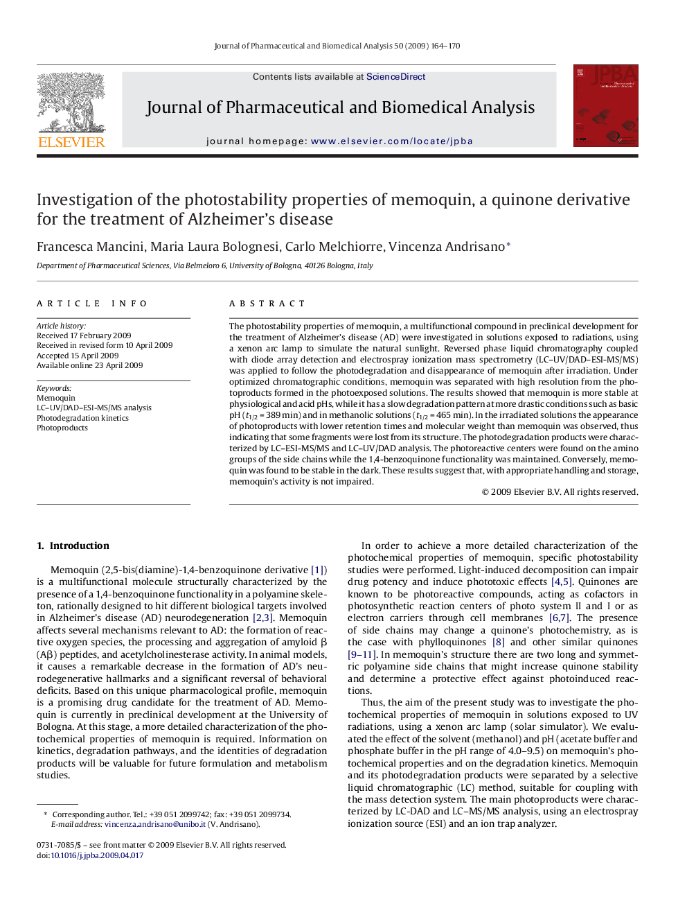 Investigation of the photostability properties of memoquin, a quinone derivative for the treatment of Alzheimer's disease