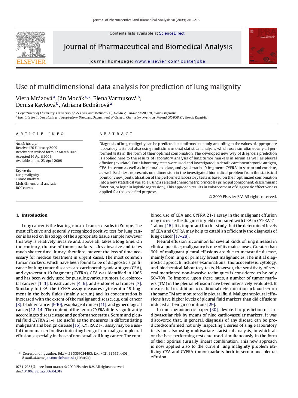 Use of multidimensional data analysis for prediction of lung malignity