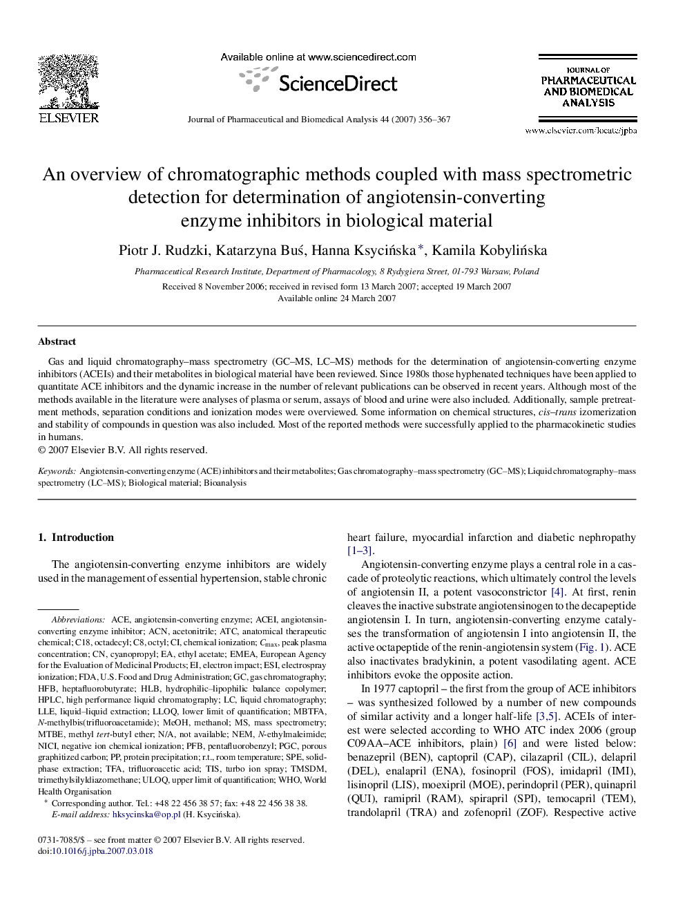 An overview of chromatographic methods coupled with mass spectrometric detection for determination of angiotensin-converting enzyme inhibitors in biological material