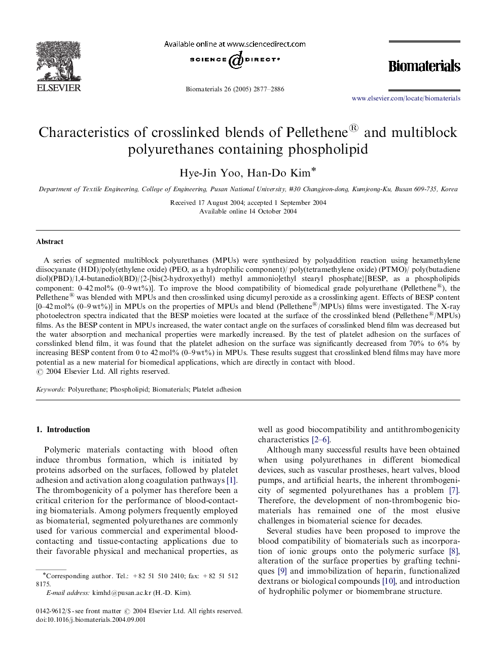 Characteristics of crosslinked blends of Pellethene® and multiblock polyurethanes containing phospholipid