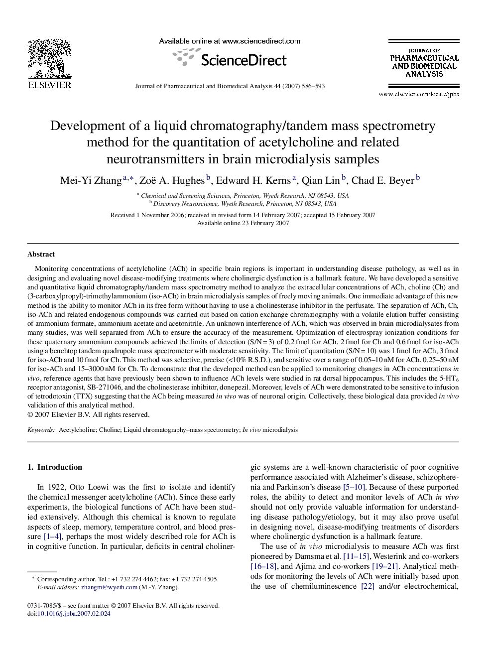 Development of a liquid chromatography/tandem mass spectrometry method for the quantitation of acetylcholine and related neurotransmitters in brain microdialysis samples