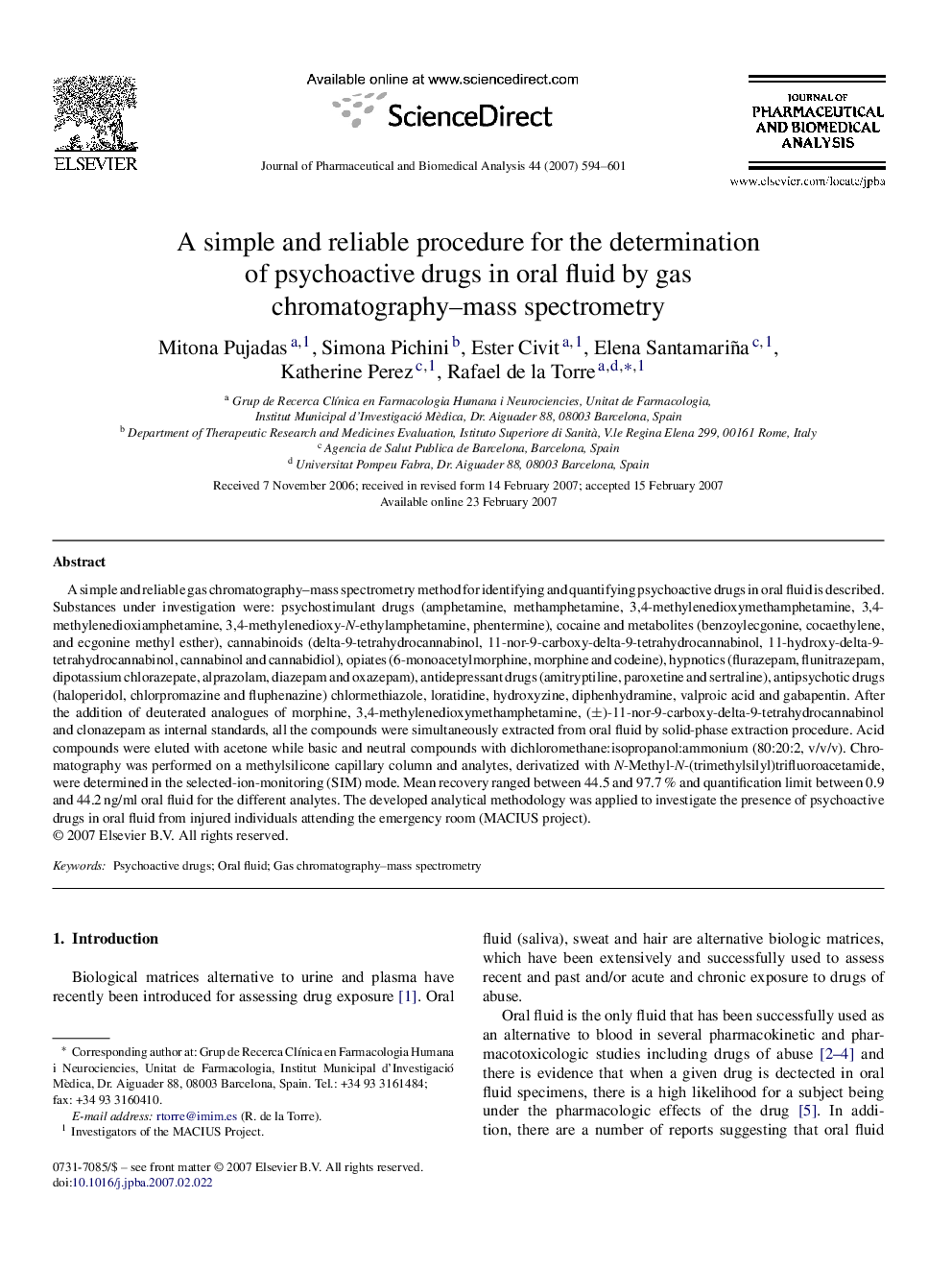 A simple and reliable procedure for the determination of psychoactive drugs in oral fluid by gas chromatography–mass spectrometry