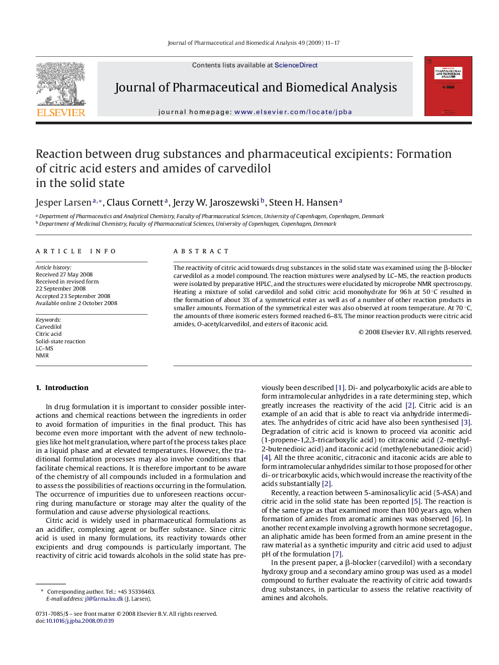 Reaction between drug substances and pharmaceutical excipients: Formation of citric acid esters and amides of carvedilol in the solid state