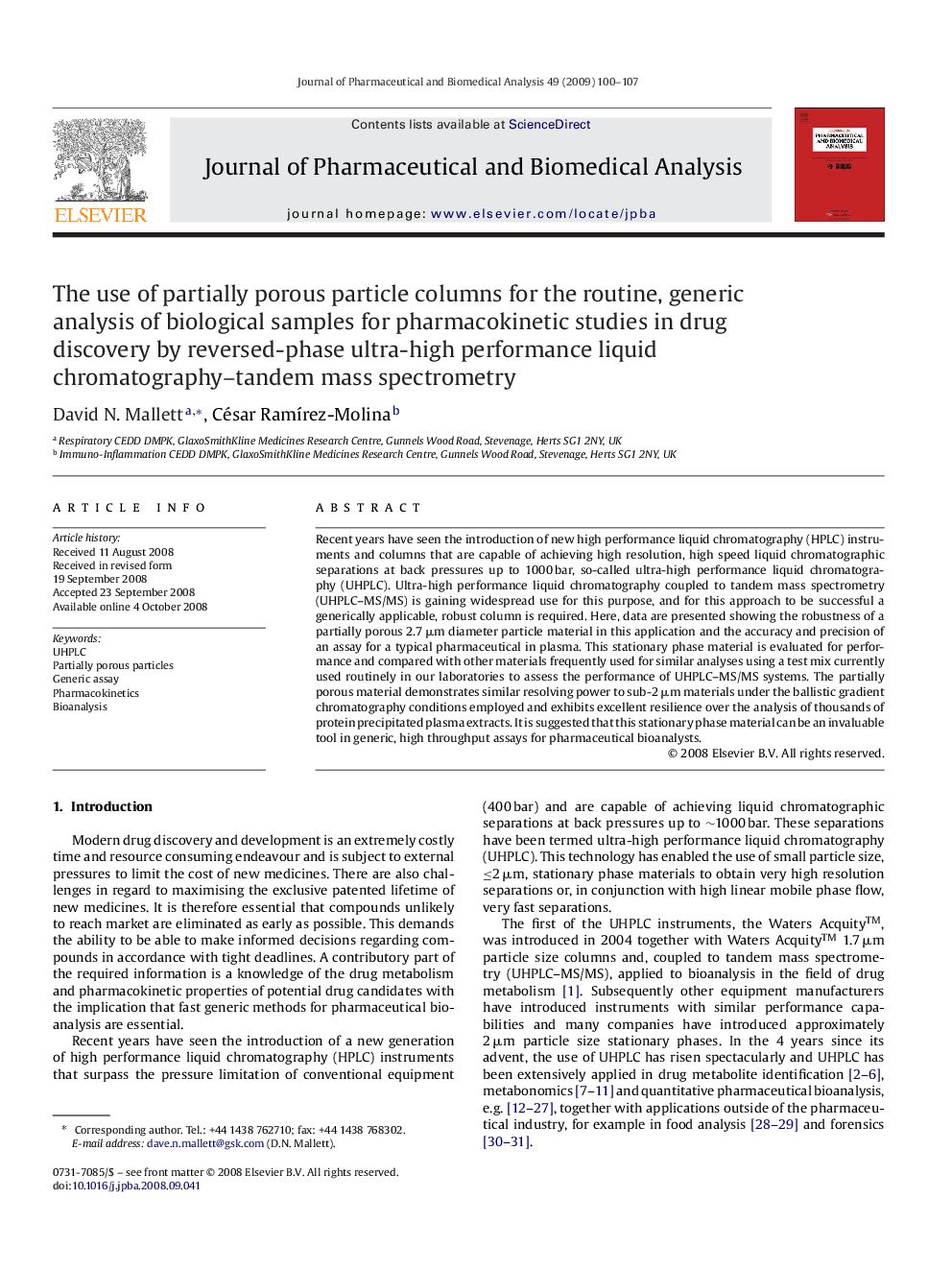 The use of partially porous particle columns for the routine, generic analysis of biological samples for pharmacokinetic studies in drug discovery by reversed-phase ultra-high performance liquid chromatography–tandem mass spectrometry