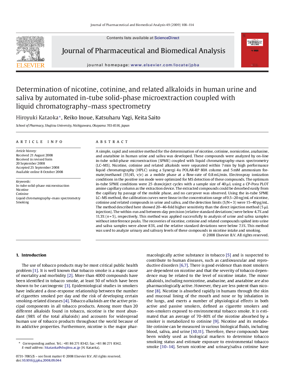 Determination of nicotine, cotinine, and related alkaloids in human urine and saliva by automated in-tube solid-phase microextraction coupled with liquid chromatography–mass spectrometry