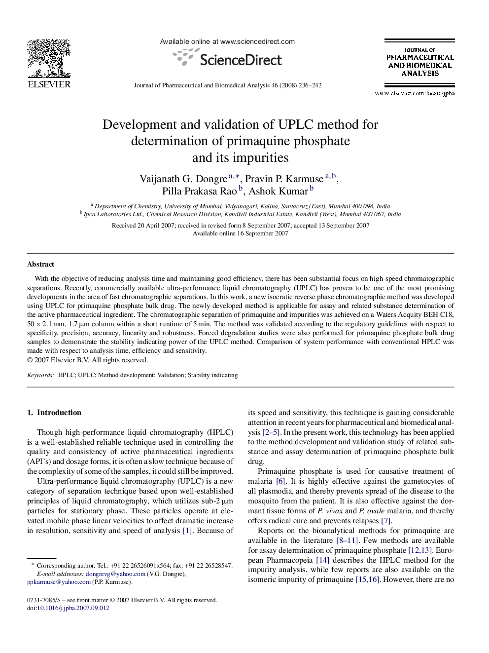 Development and validation of UPLC method for determination of primaquine phosphate and its impurities