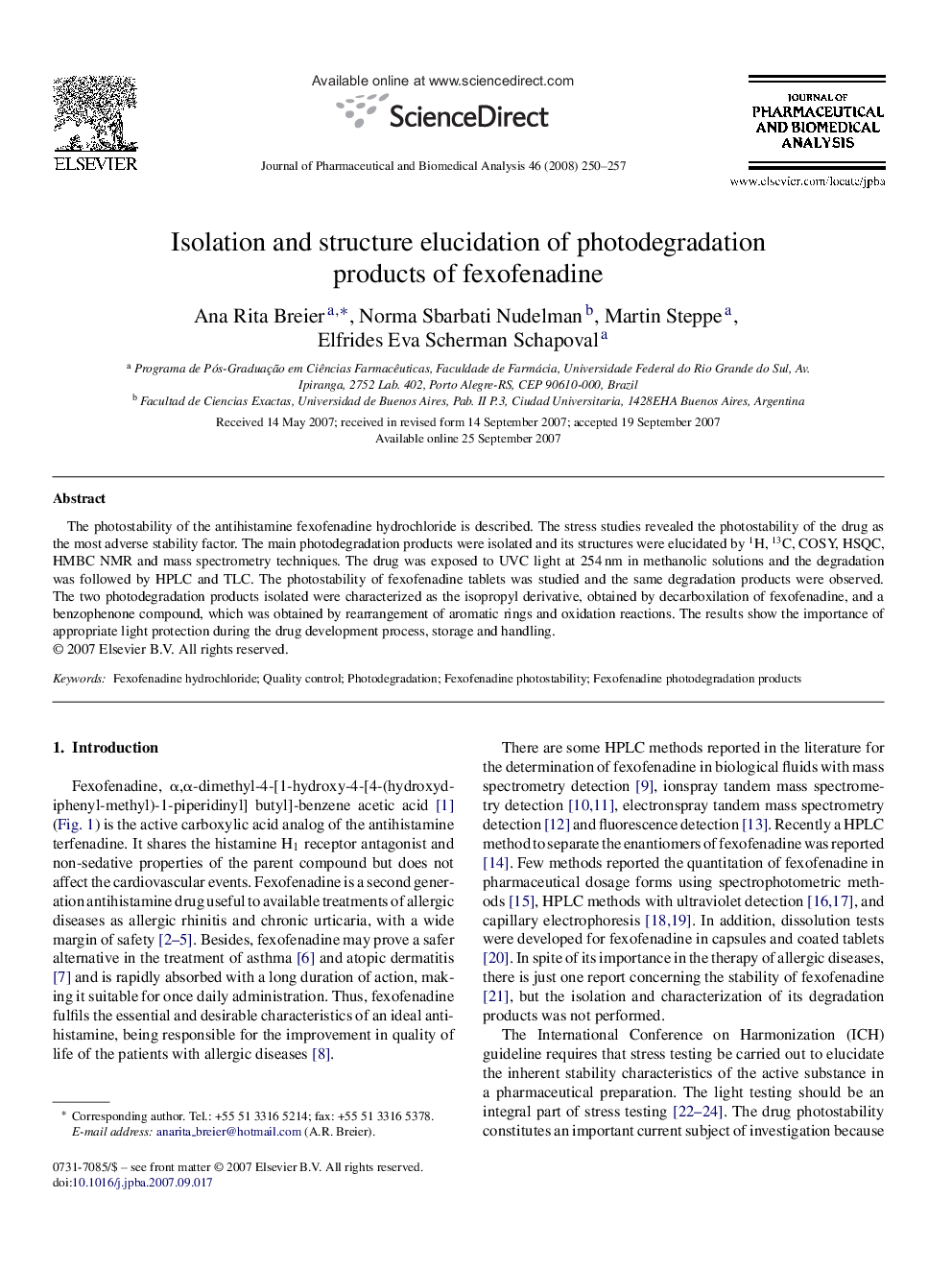 Isolation and structure elucidation of photodegradation products of fexofenadine