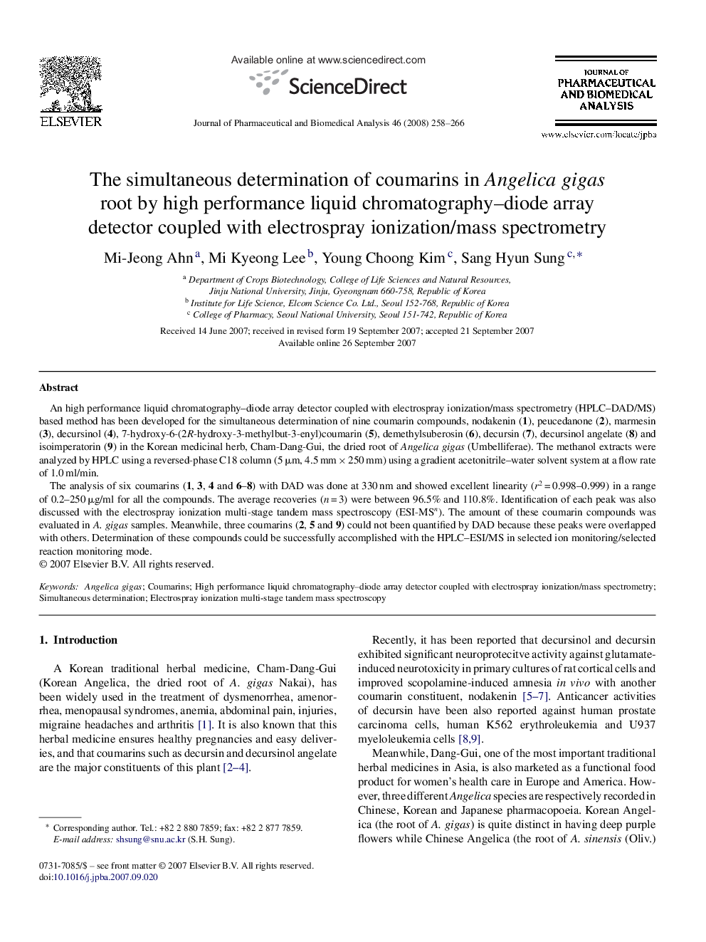 The simultaneous determination of coumarins in Angelica gigas root by high performance liquid chromatography–diode array detector coupled with electrospray ionization/mass spectrometry