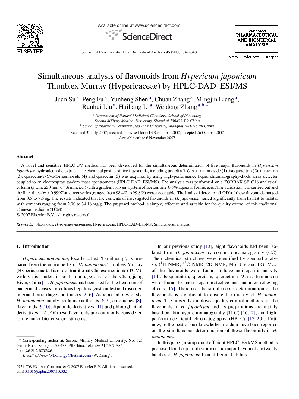 Simultaneous analysis of flavonoids from Hypericum japonicum Thunb.ex Murray (Hypericaceae) by HPLC-DAD–ESI/MS