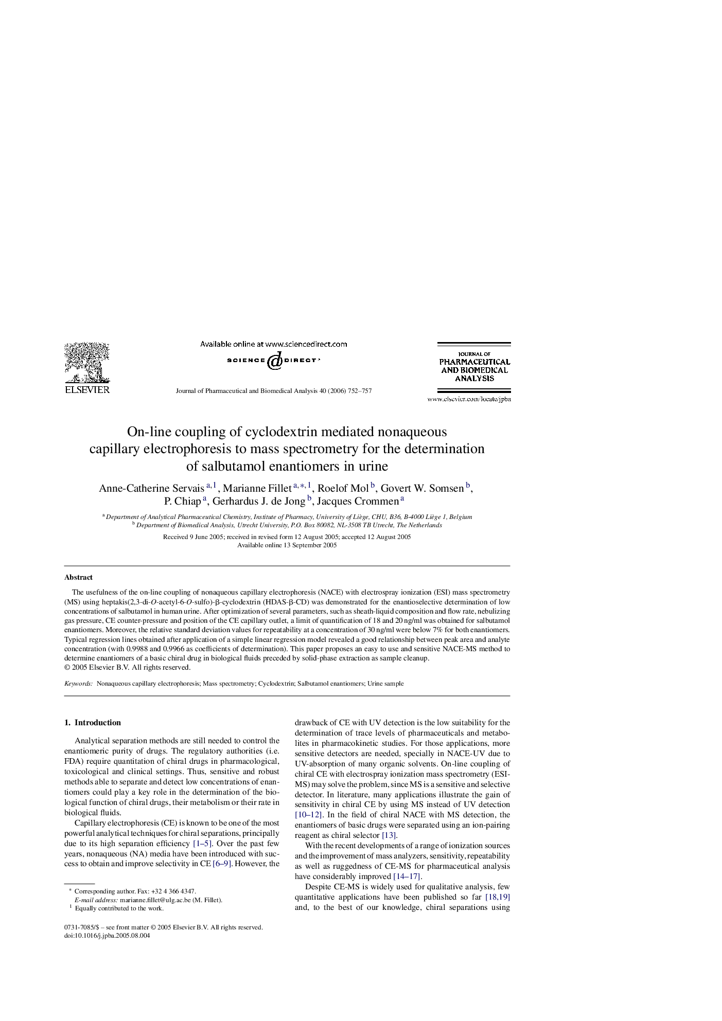 عکس صفحه اول مقاله: On-line coupling of cyclodextrin mediated nonaqueous capillary electrophoresis to mass spectrometry for the determination of salbutamol enantiomers in urine On-line coupling of cyclodextrin mediated nonaqueous capillary electrophoresis to mass spectrometry for the determination of salbutamol enantiomers in urine