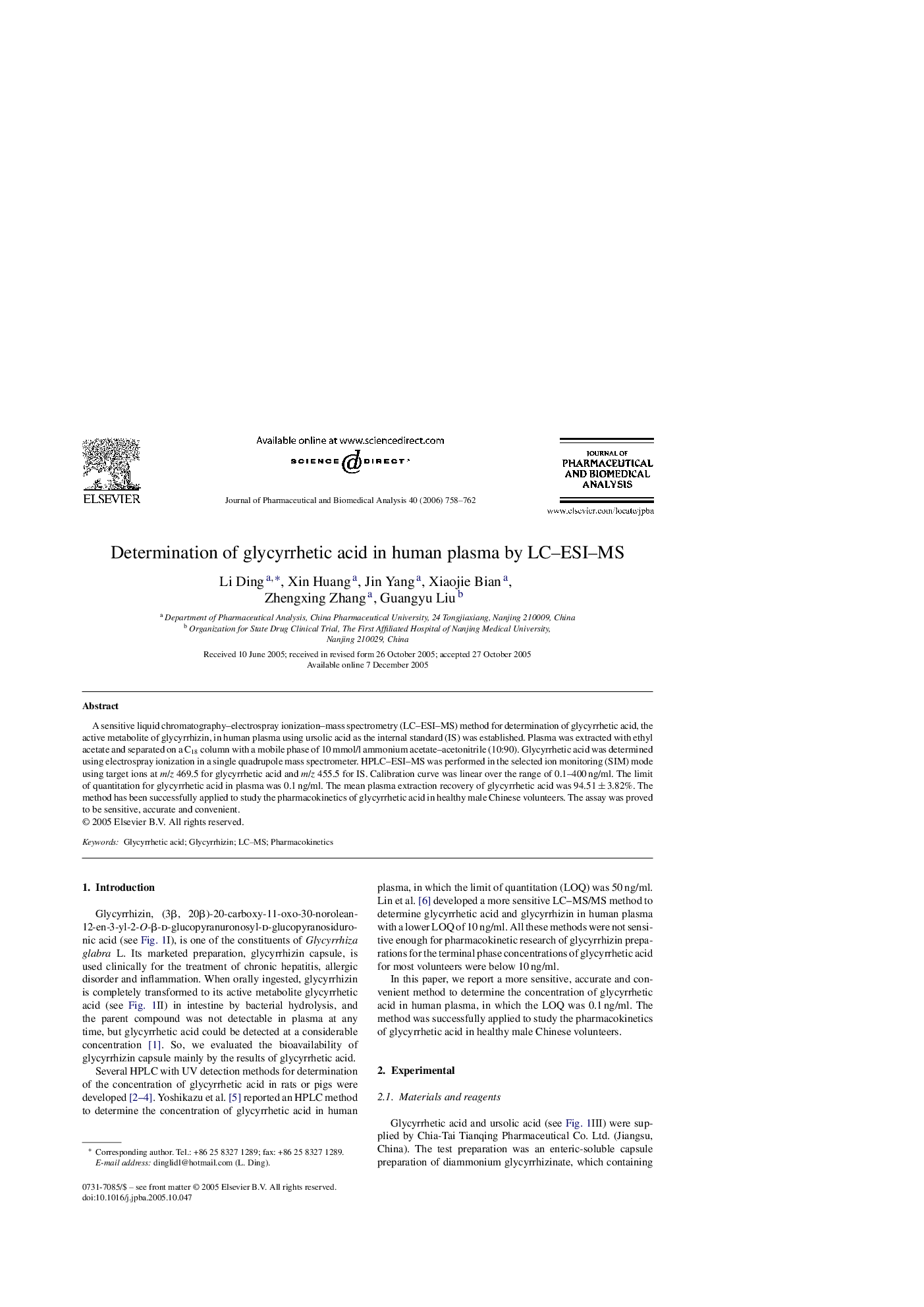 Determination of glycyrrhetic acid in human plasma by LC–ESI–MS