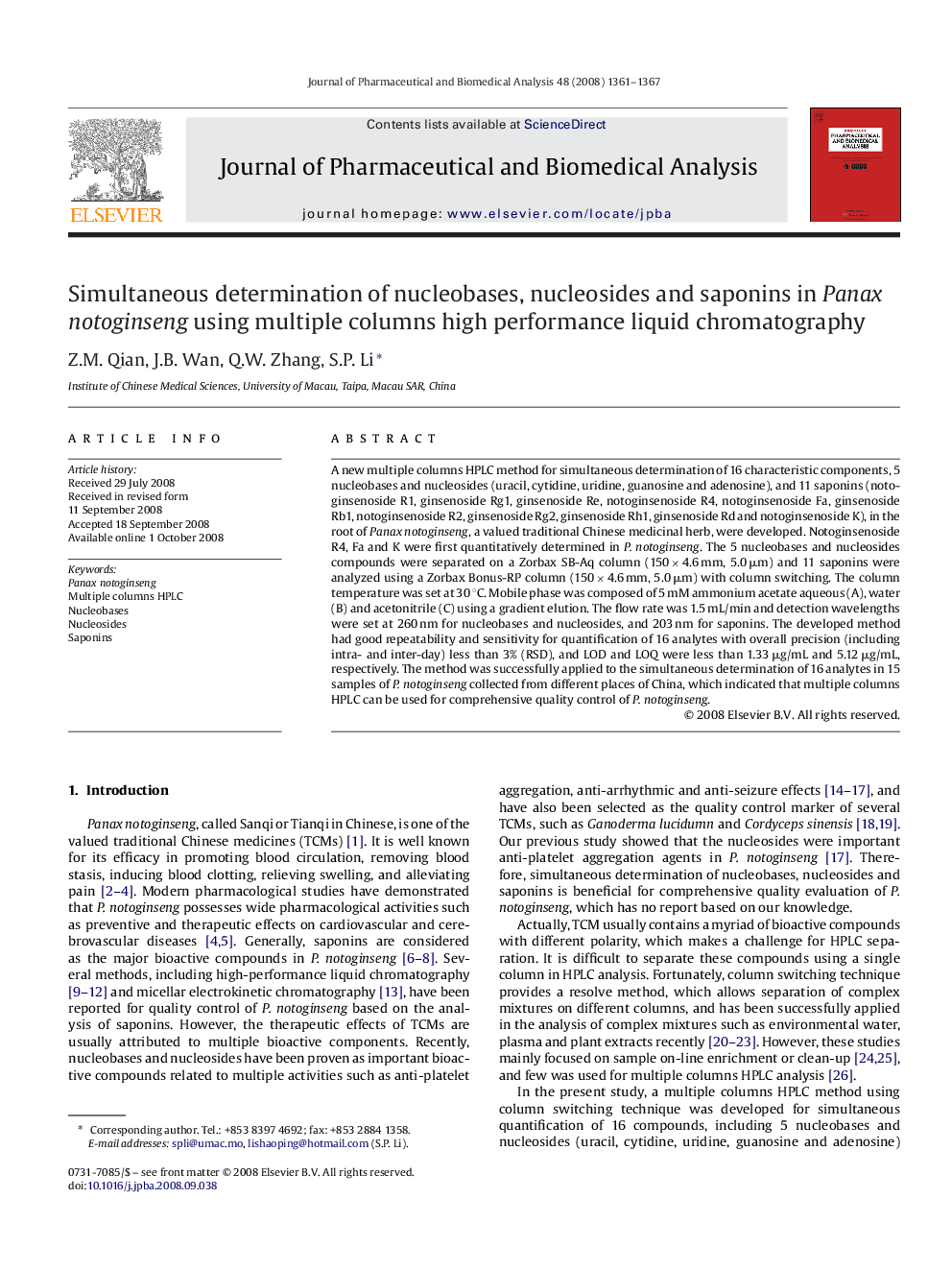 Simultaneous determination of nucleobases, nucleosides and saponins in Panax notoginseng using multiple columns high performance liquid chromatography