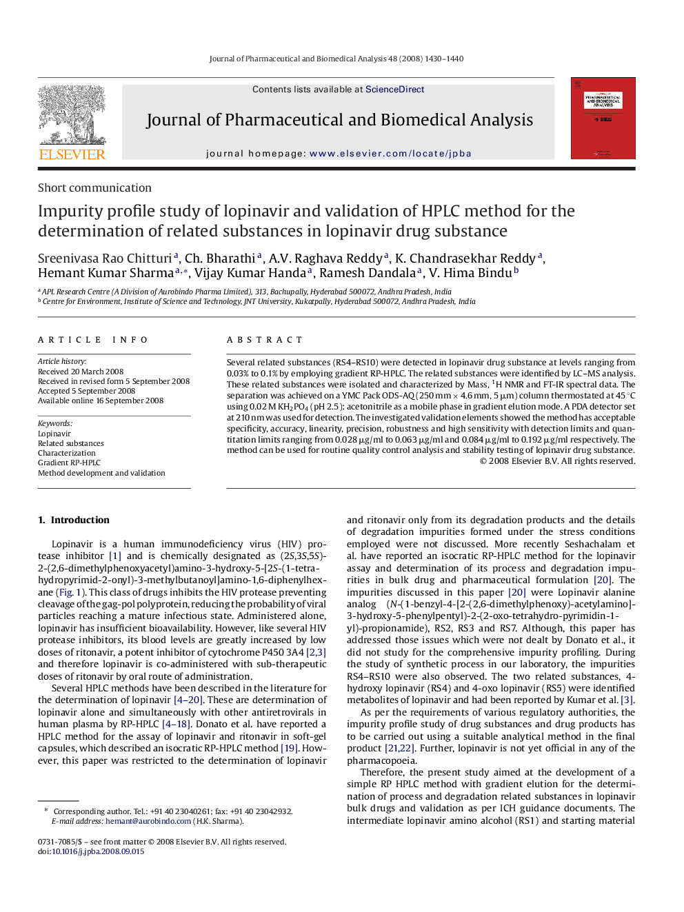 Impurity profile study of lopinavir and validation of HPLC method for the determination of related substances in lopinavir drug substance