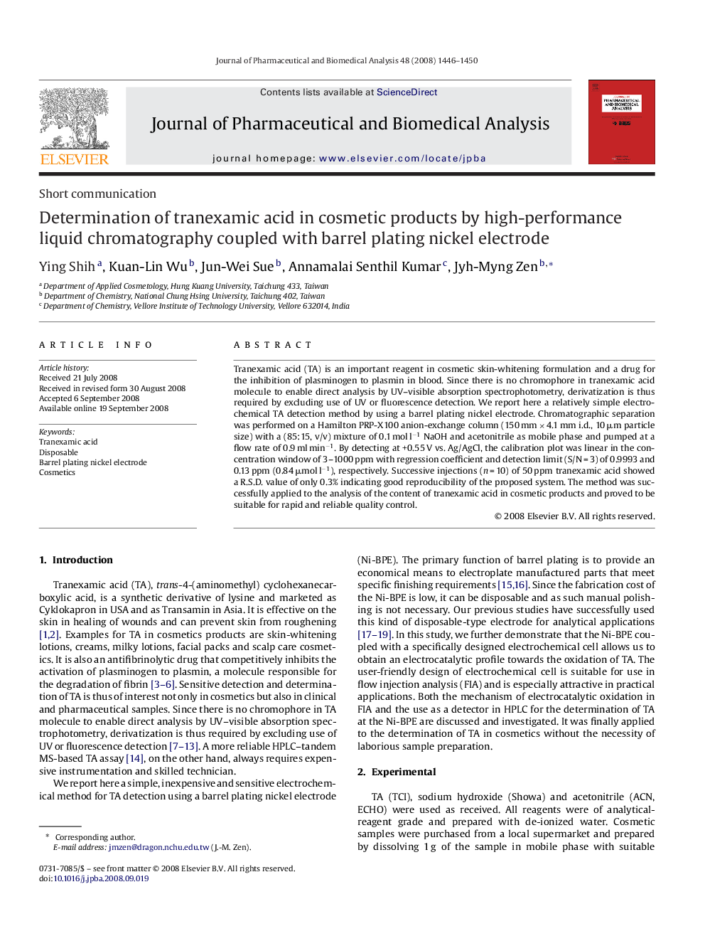 Determination of tranexamic acid in cosmetic products by high-performance liquid chromatography coupled with barrel plating nickel electrode