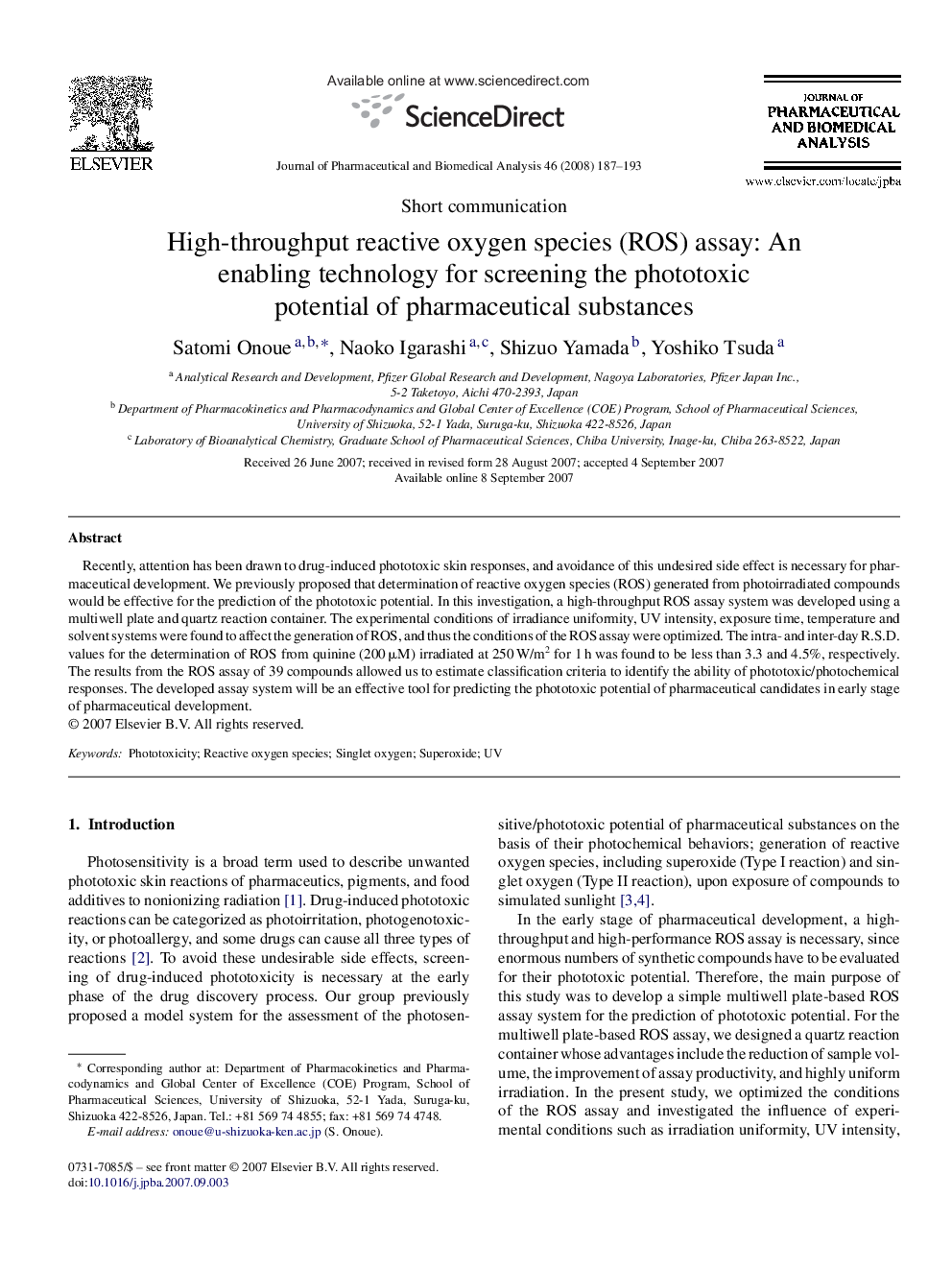 High-throughput reactive oxygen species (ROS) assay: An enabling technology for screening the phototoxic potential of pharmaceutical substances