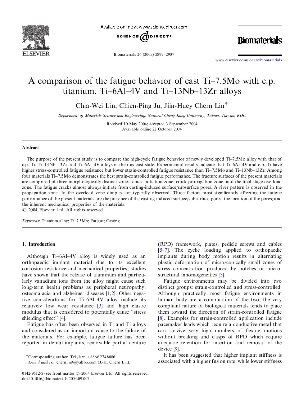 A comparison of the fatigue behavior of cast Ti–7.5Mo with c.p. titanium, Ti–6Al–4V and Ti–13Nb–13Zr alloys