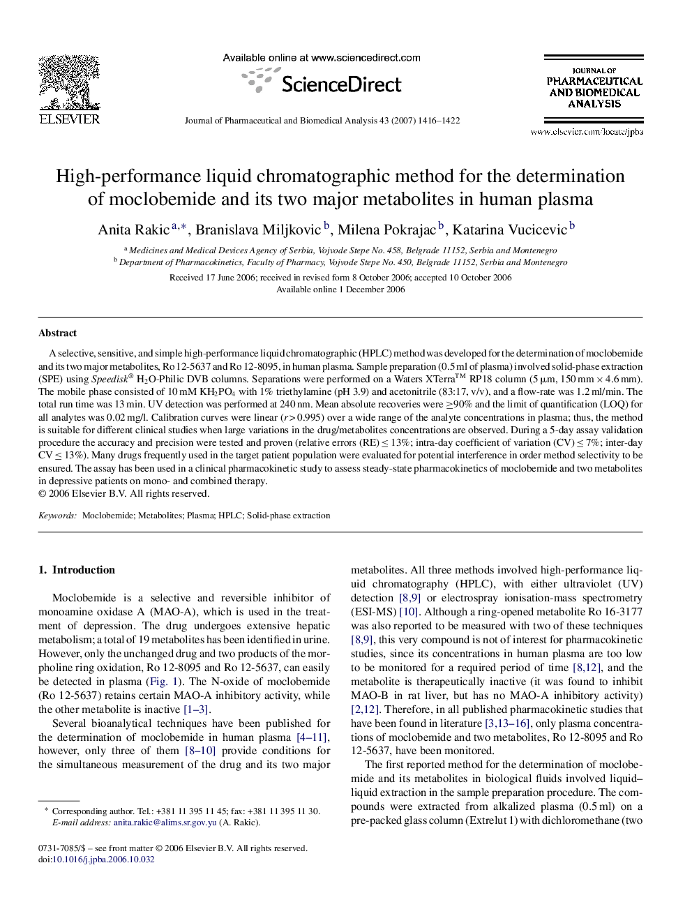 High-performance liquid chromatographic method for the determination of moclobemide and its two major metabolites in human plasma