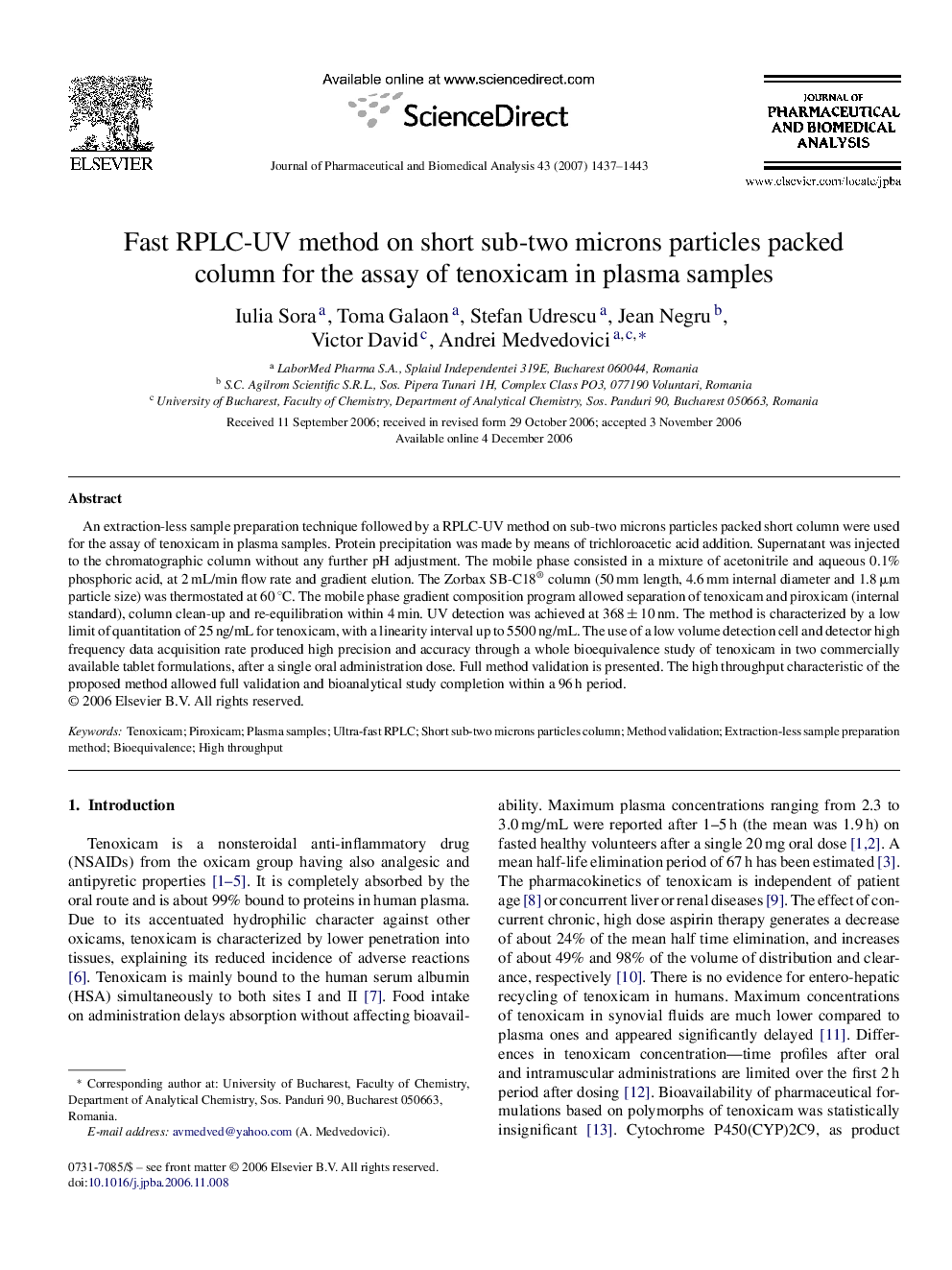 عکس صفحه اول مقاله: Fast RPLC-UV method on short sub-two microns particles packed column for the assay of tenoxicam in plasma samples Fast RPLC-UV method on short sub-two microns particles packed column for the assay of tenoxicam in plasma samples